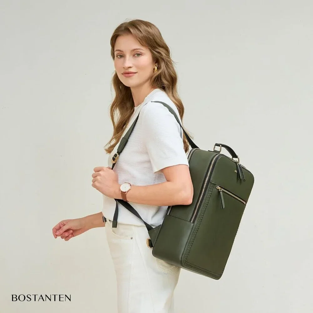 Men's Olive Green 15.6 inch Laptop Bag Travel Casual Computer Leather Backpack